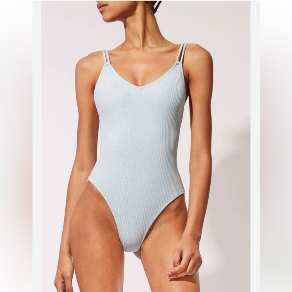 SOLID & STRIPED The Lynne Lurex Ribbed One Piece in Powder Blue